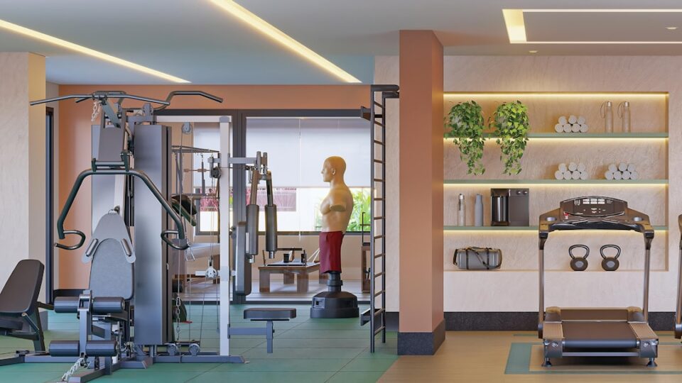 Cover illustration for home exercise equipment safety tips, showing a tidy home gym and a safety checklist