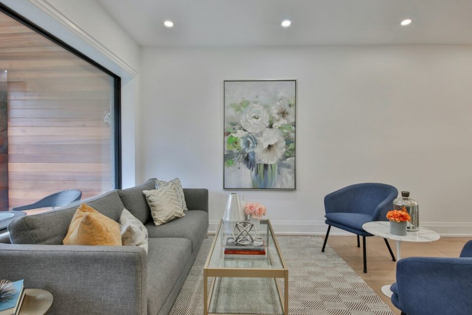Modern living room featuring a family friendly sofa with performance fabric and kid-safe rounded edges