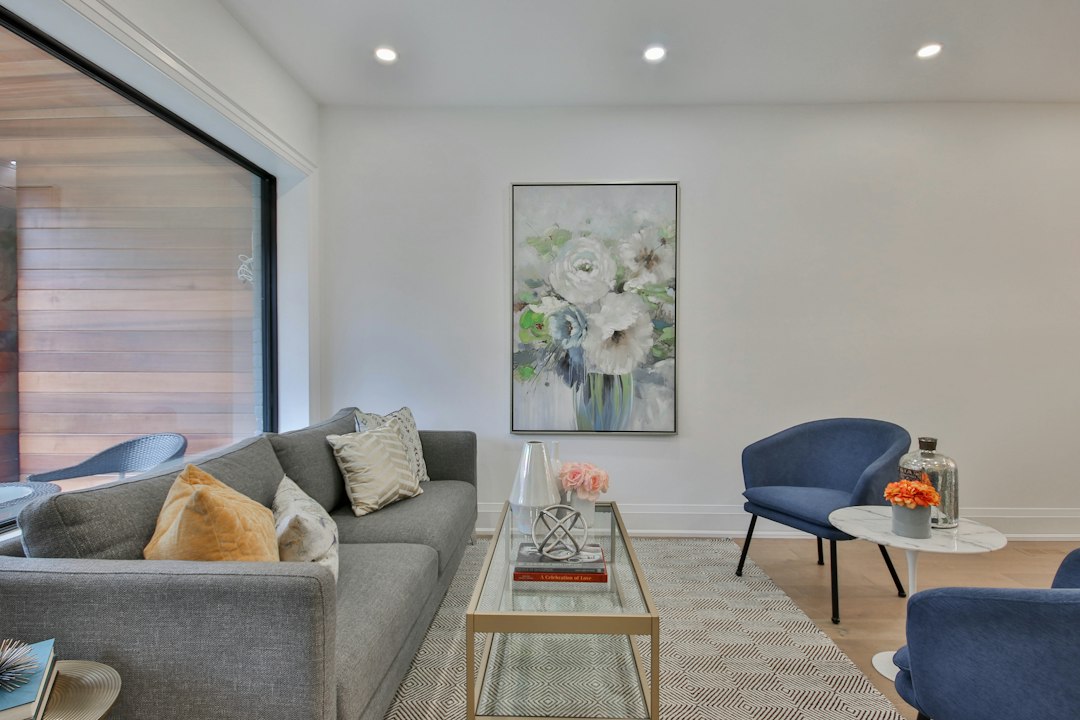 Modern living room with a family friendly sofa in performance fabric and kid-safe rounded edges